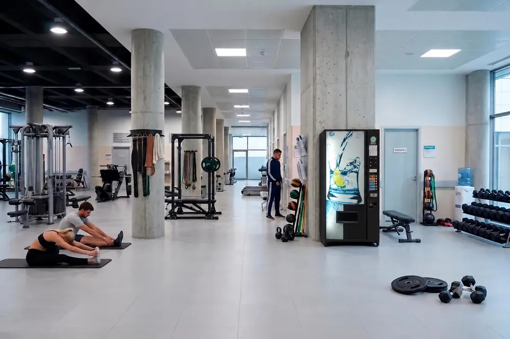 Máquina de vending de bebidas y snacks reacondicionada en un gimnasio