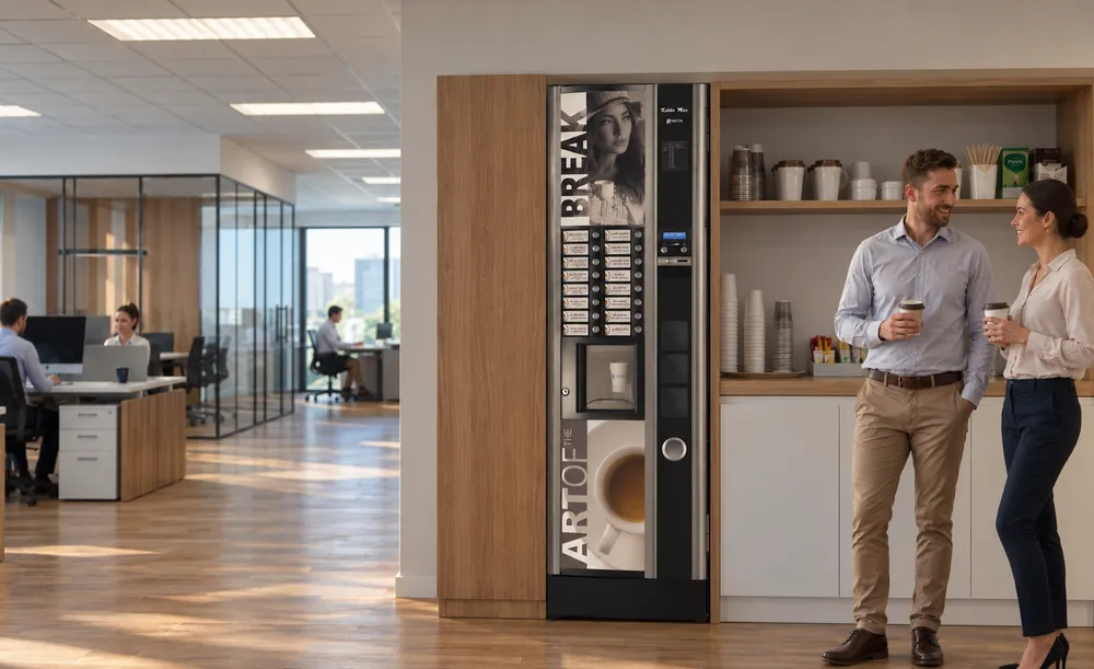 Máquina de café instalada en una oficina con empleados tomando café